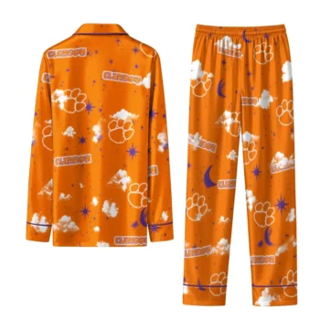 Clemson Tigers Long Pajama Set Personalized Cloud Stars Orange Fashion Forward