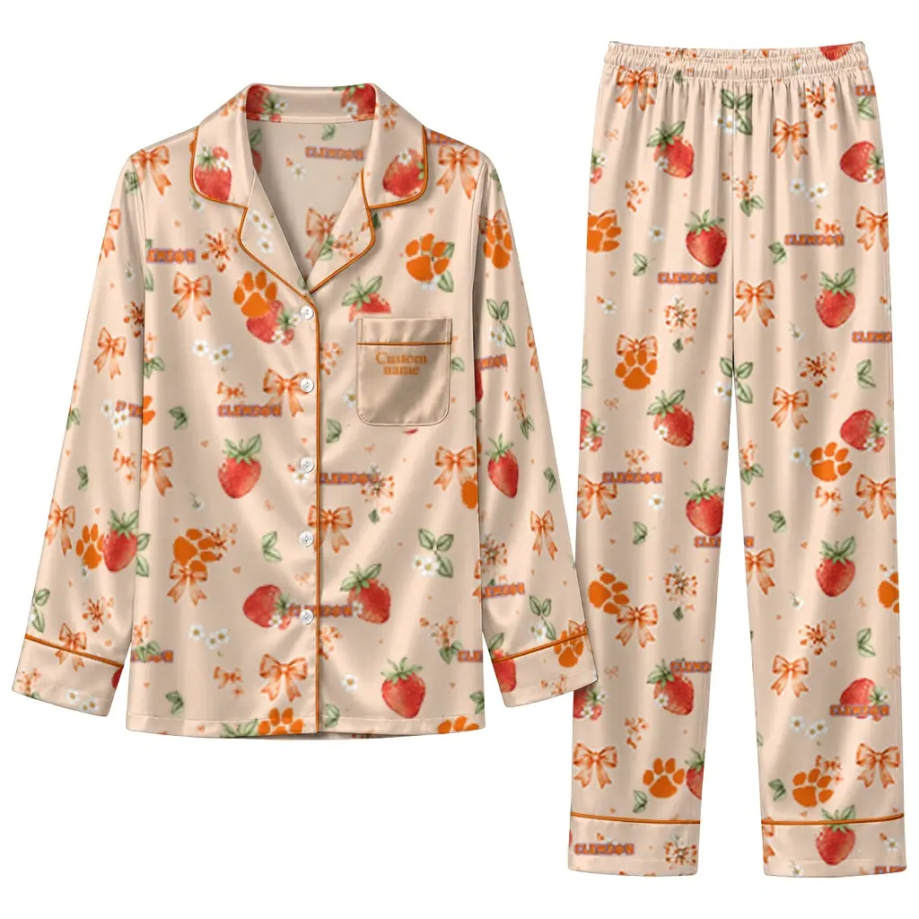 Clemson Tigers Long Pajama Set Personalized Ribbon Florals Orange Best Selling Clemson Tigers Long Pajama Set Personalized Ribbon Florals Orange Best Selling