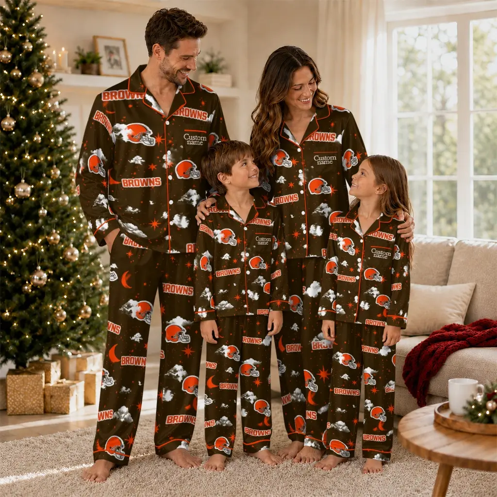 Cleveland Browns Long Pajama Set Custom Cloud Stars Brown Latest Model Cleveland Browns Long Pajama Set Custom Cloud Stars Brown Latest Model