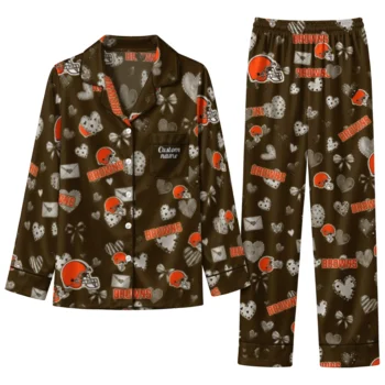 cleveland browns long pajama set customized heart charms brown best selling.webp