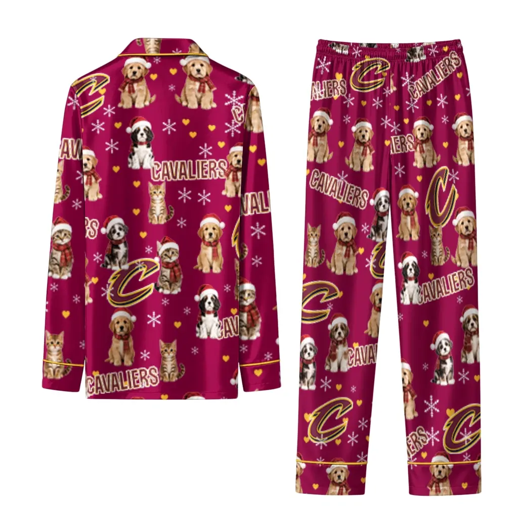 Cleveland Cavaliers Long Pajama Set Customized Animal Scatter Wine Fashion Forward Cleveland Cavaliers Long Pajama Set Customized Animal Scatter Wine Fashion Forward