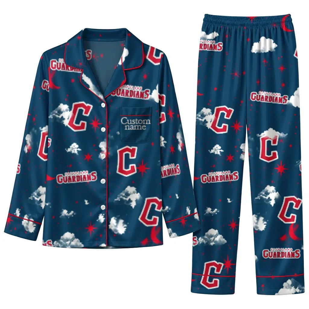 Cleveland Guardians Long Pajama Set Custom Cloud Stars Navy Blue Best Selling Cleveland Guardians Long Pajama Set Custom Cloud Stars Navy Blue Best Selling