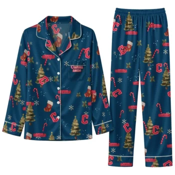 Cleveland Guardians Long Pajama Set Custom Sprig Scatter Navy Blue Best Selling