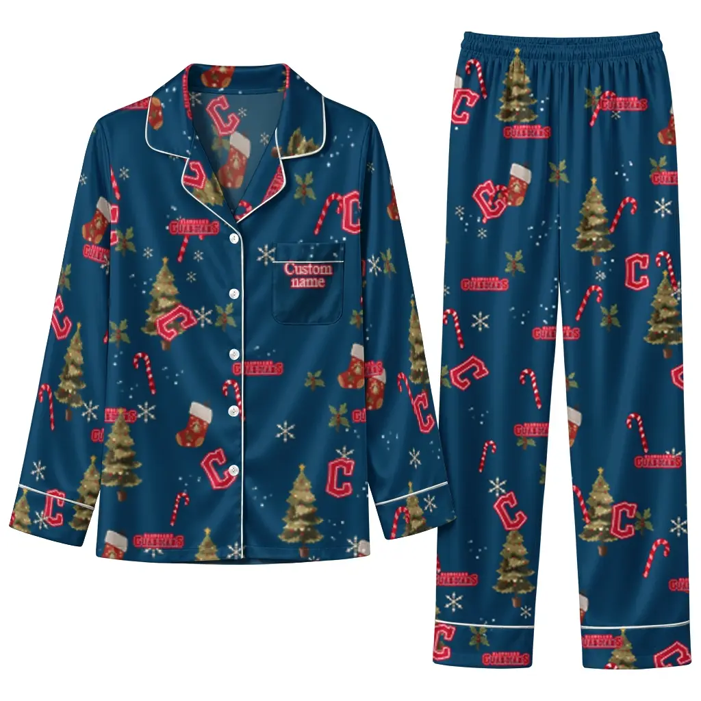 Cleveland Guardians Long Pajama Set Custom Sprig Scatter Navy Blue Best Selling Cleveland Guardians Long Pajama Set Custom Sprig Scatter Navy Blue Best Selling