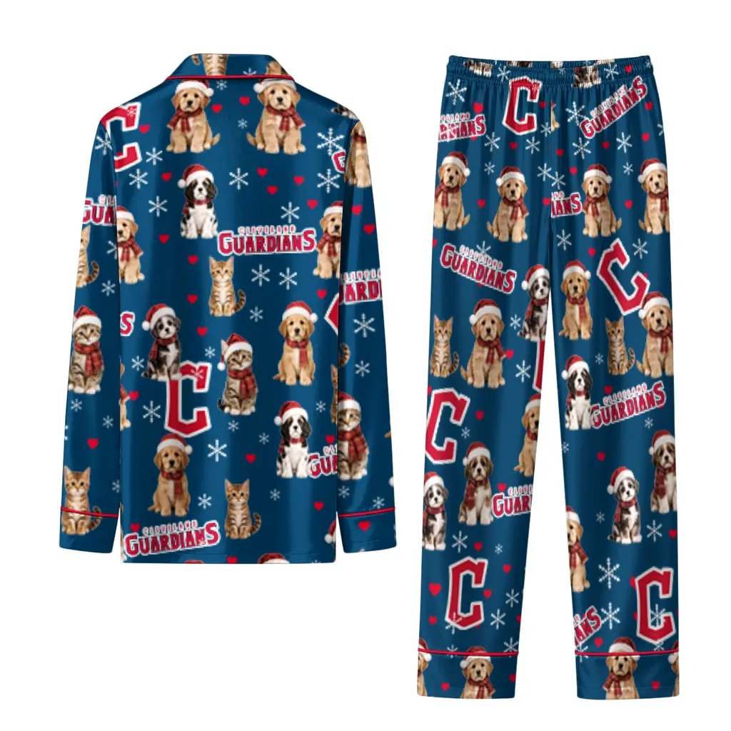 Cleveland Guardians Long Pajama Set Customized Animal Scatter Navy Blue Fashion Forward Cleveland Guardians Long Pajama Set Customized Animal Scatter Navy Blue Fashion Forward