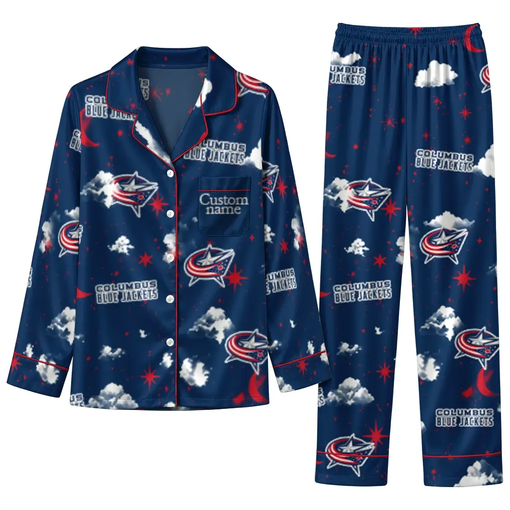 Columbus Blue Jackets Long Pajama Set Custom Cloud Stars Navy Blue Best Selling Columbus Blue Jackets Long Pajama Set Custom Cloud Stars Navy Blue Best Selling