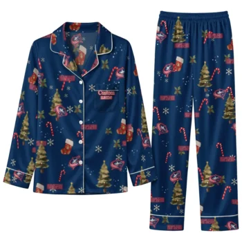 Columbus Blue Jackets Long Pajama Set Custom Sprig Scatter Navy Blue Best Selling