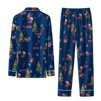 Columbus Blue Jackets Long Pajama Set Custom Sprig Scatter Navy Blue Fashion Forward