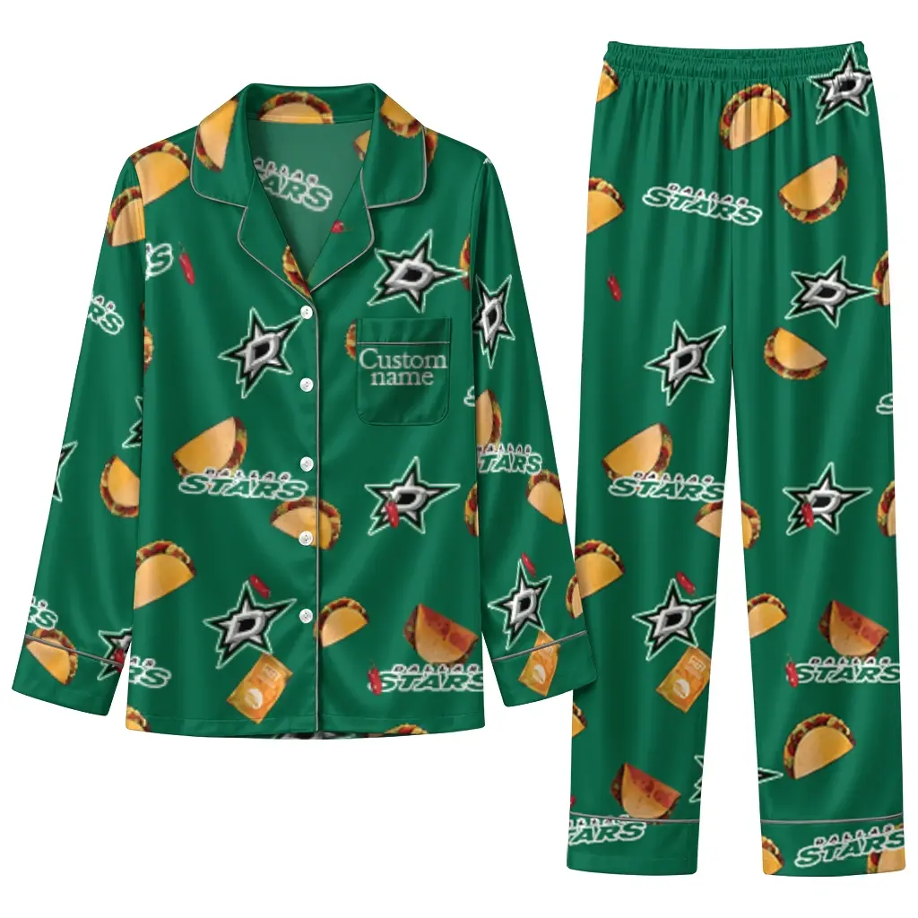 Dallas Stars Long Pajama Set Custom Snack Scatter Green Best Selling Dallas Stars Long Pajama Set Custom Snack Scatter Green Best Selling