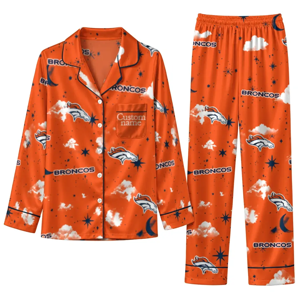 Denver Broncos Long Pajama Set Personalized Cloud Stars Orange Best Selling Denver Broncos Long Pajama Set Personalized Cloud Stars Orange Best Selling
