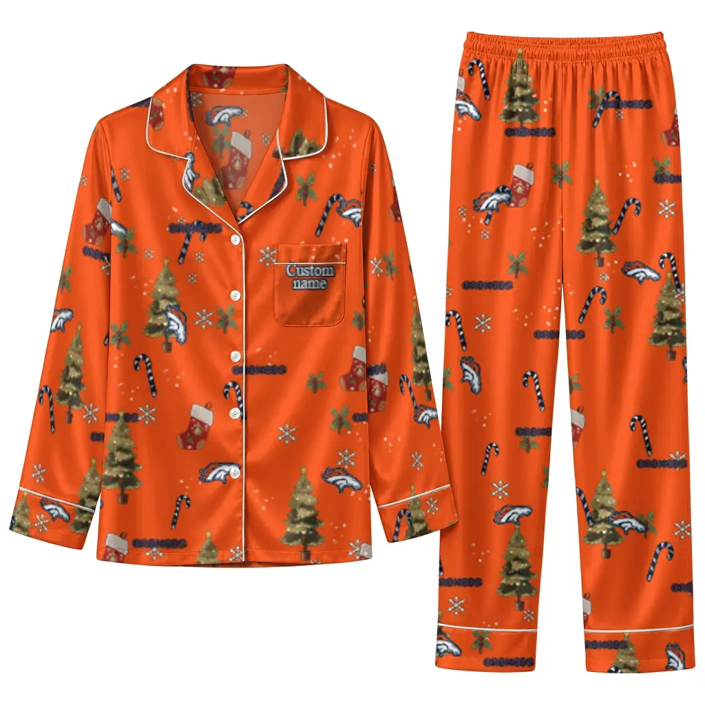 Denver Broncos Long Pajama Set Personalized Sprig Scatter Orange Best Selling Denver Broncos Long Pajama Set Personalized Sprig Scatter Orange Best Selling