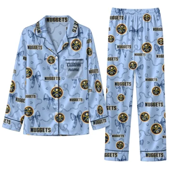 denver nuggets long pajama set personalized ribbon chains blue best selling.webp
