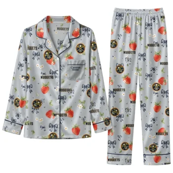 denver nuggets long pajama set personalized ribbon florals blue best selling.webp