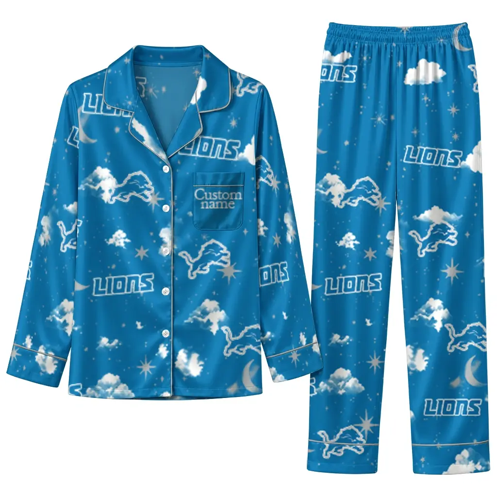 Detroit Lions Long Pajama Set Custom Cloud Stars Blue Best Selling Detroit Lions Long Pajama Set Custom Cloud Stars Blue Best Selling