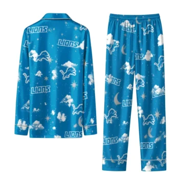 Detroit Lions Long Pajama Set Custom Cloud Stars Blue Fashion Forward