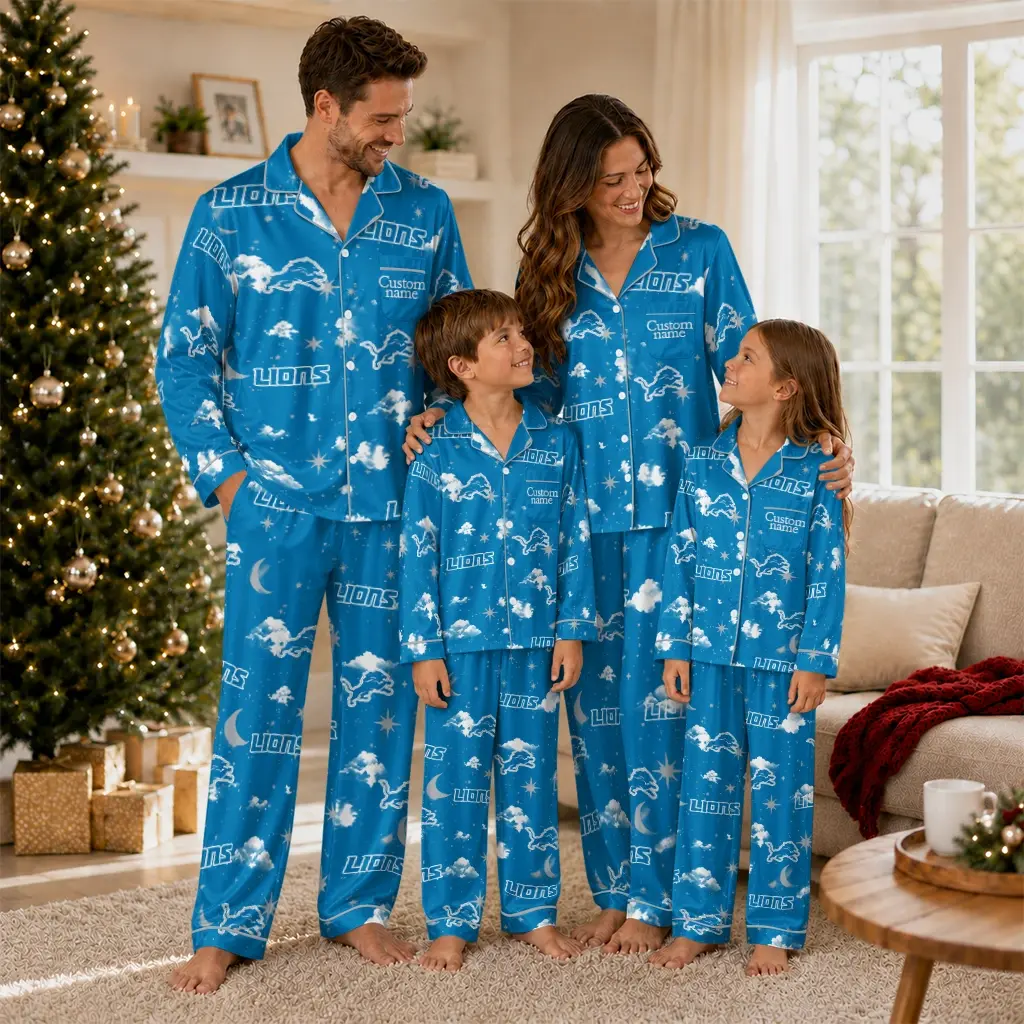 Detroit Lions Long Pajama Set Custom Cloud Stars Blue Latest Model Detroit Lions Long Pajama Set Custom Cloud Stars Blue Latest Model