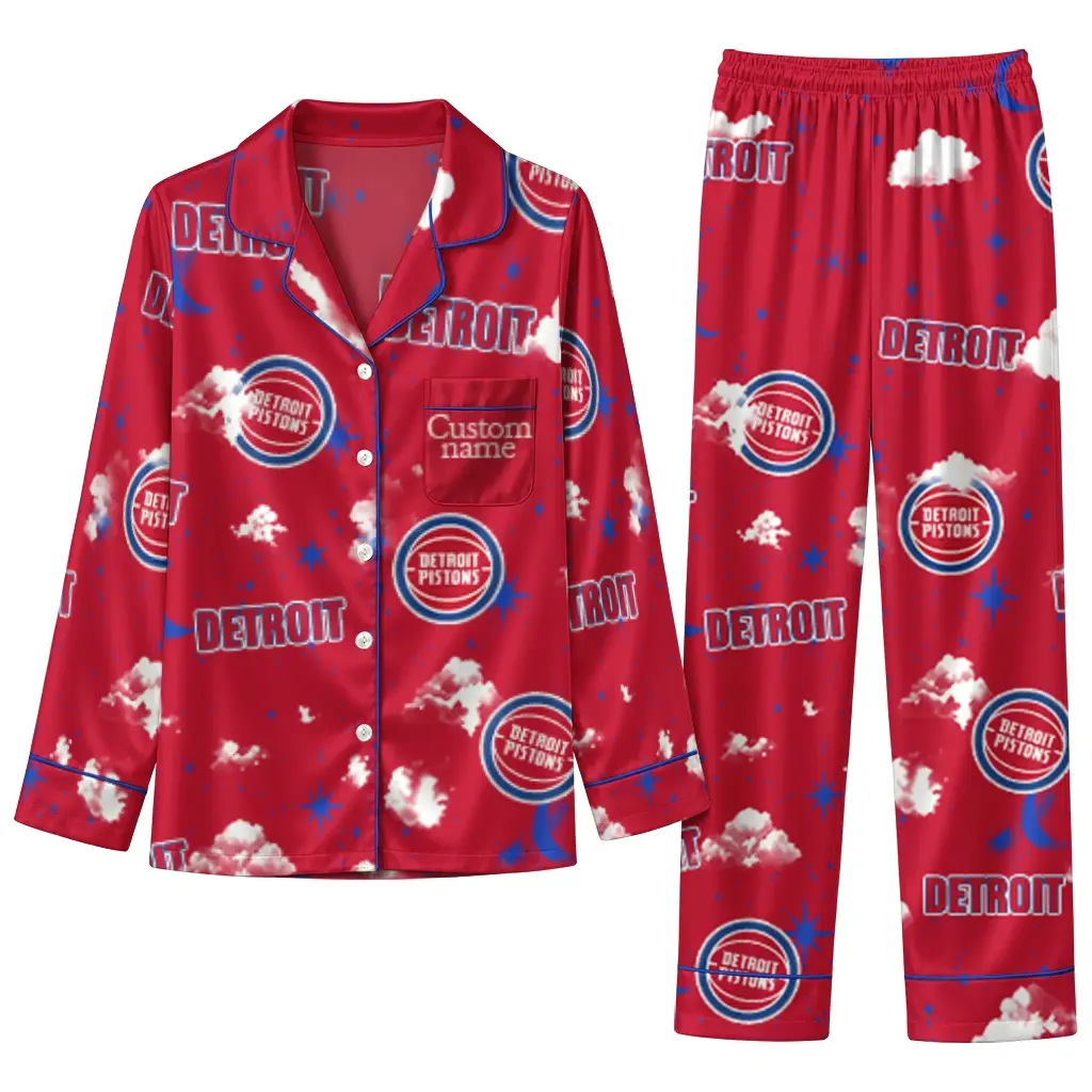 Detroit Pistons Long Pajama Set Custom Cloud Stars Red Best Selling Detroit Pistons Long Pajama Set Custom Cloud Stars Red Best Selling