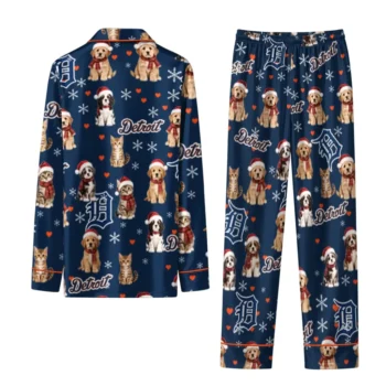 Detroit Tigers Long Pajama Set Custom Animal Scatter Navy Fashion Forward
