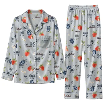 detroit tigers long pajama set personalized ribbon florals navy best selling.webp