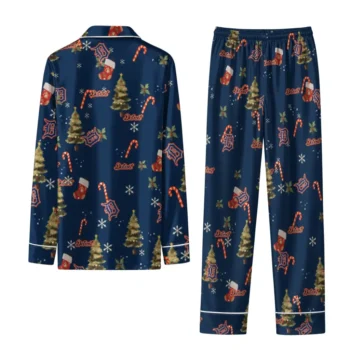 Detroit Tigers Long Pajama Set Personalized Sprig Scatter Navy Fashion Forward