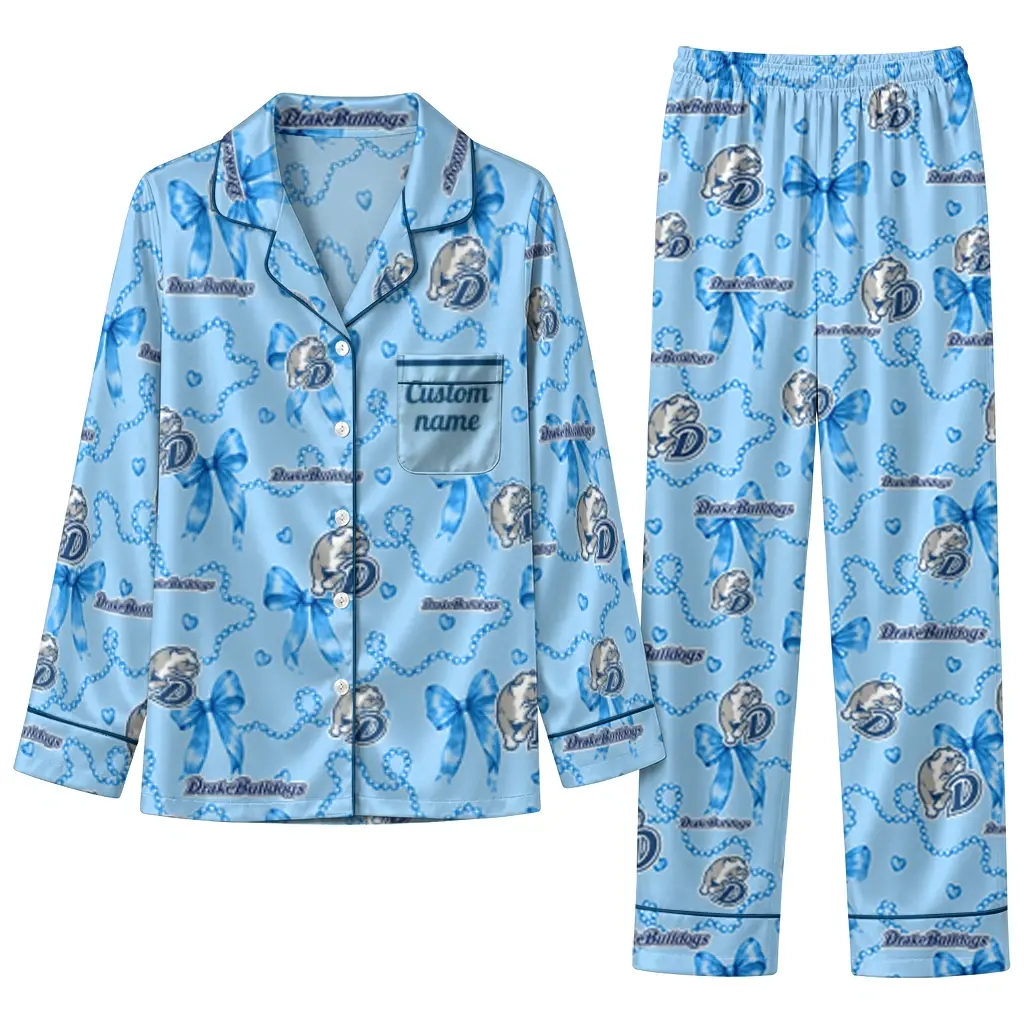 Drake Bulldogs Long Pajama Set Customized Ribbon Chains Blue Best Selling Drake Bulldogs Long Pajama Set Customized Ribbon Chains Blue Best Selling