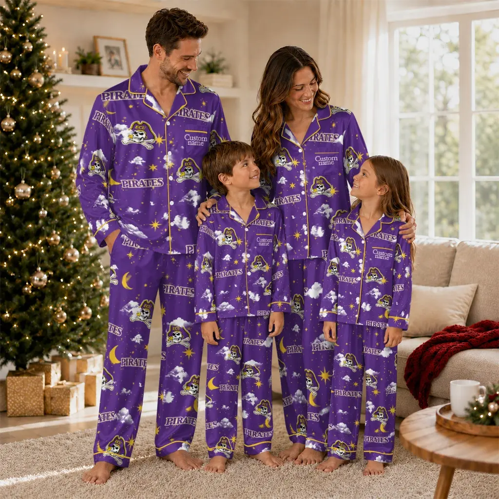 East Carolina Pirates Long Pajama Set Personalized Cloud Stars Purple Latest Model East Carolina Pirates Long Pajama Set Personalized Cloud Stars Purple Latest Model