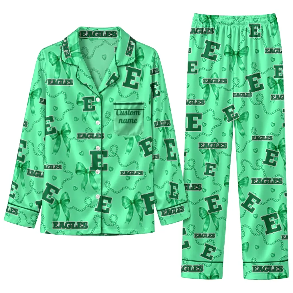 Eastern Michigan Eagles Long Pajama Set Personalized Ribbon Chains Green Best Selling Eastern Michigan Eagles Long Pajama Set Personalized Ribbon Chains Green Best Selling