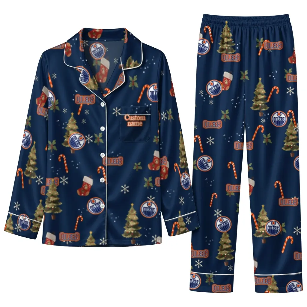 Edmonton Oilers Long Pajama Set Custom Sprig Scatter Blue Best Selling Edmonton Oilers Long Pajama Set Custom Sprig Scatter Blue Best Selling