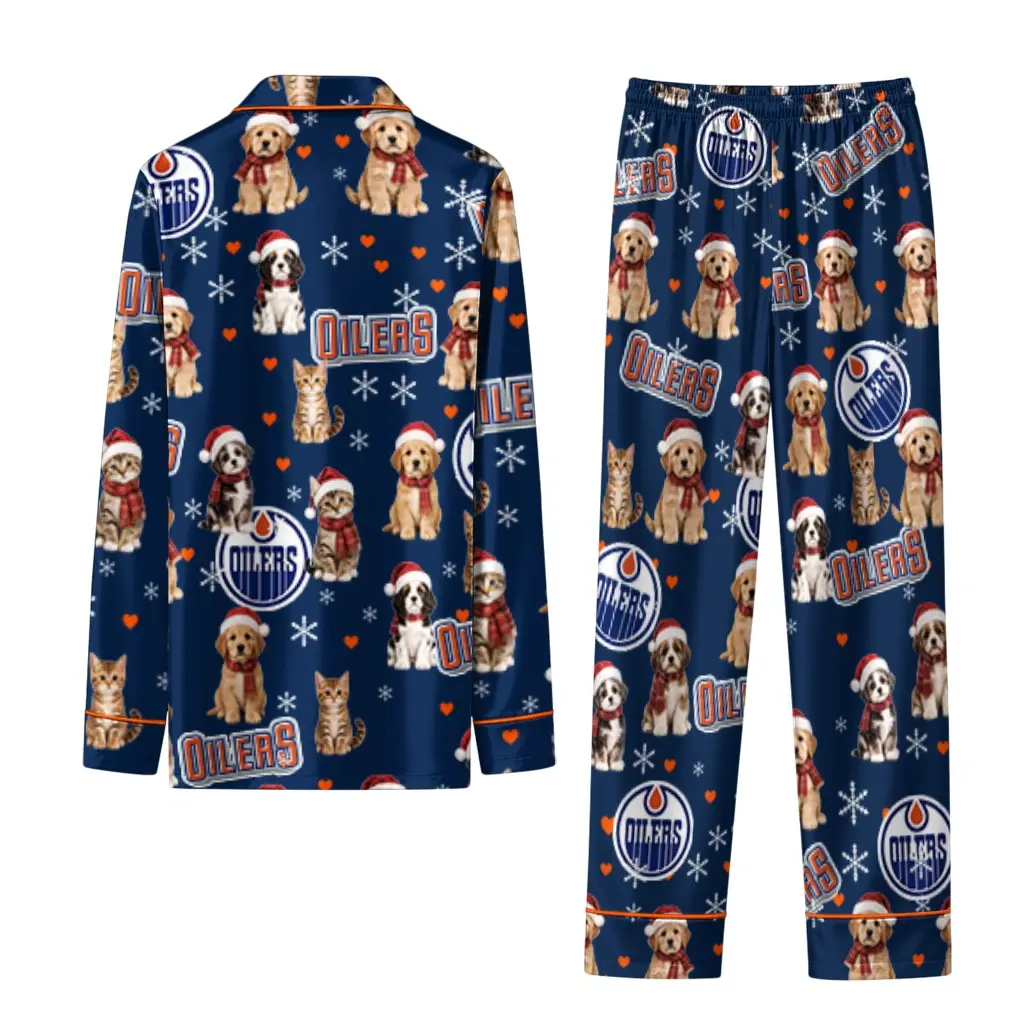 Edmonton Oilers Long Pajama Set Customized Animal Scatter Blue Fashion Forward Edmonton Oilers Long Pajama Set Customized Animal Scatter Blue Fashion Forward