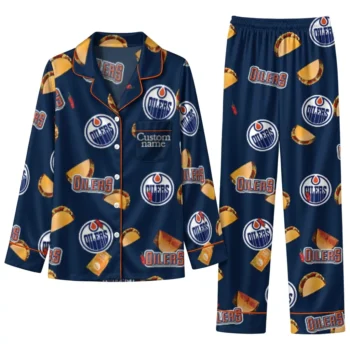 Edmonton Oilers Long Pajama Set Personalized Snack Scatter Blue Best Selling