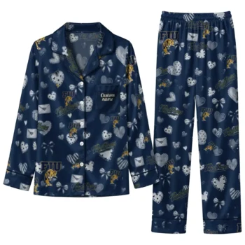 Fiu Panthers Long Pajama Set Custom Heart Charms Blue Best Selling