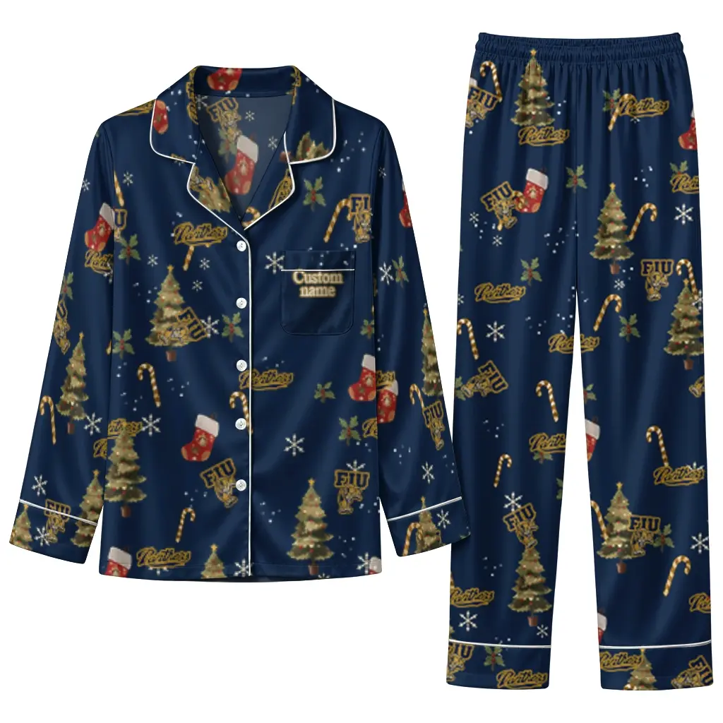 Fiu Panthers Long Pajama Set Custom Sprig Scatter Blue Best Selling Fiu Panthers Long Pajama Set Custom Sprig Scatter Blue Best Selling