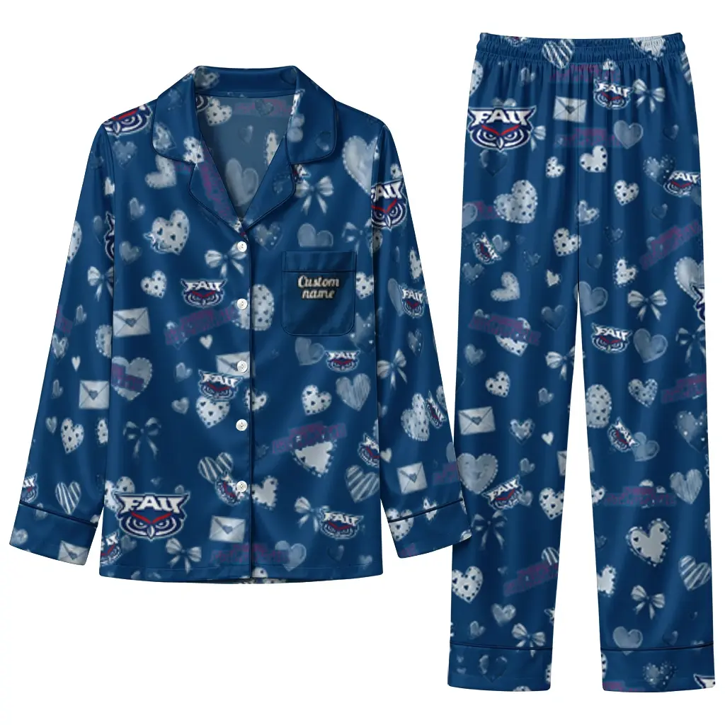 Florida Atlantic Owls Long Pajama Set Personalized Heart Charms Blue Best Selling Florida Atlantic Owls Long Pajama Set Personalized Heart Charms Blue Best Selling