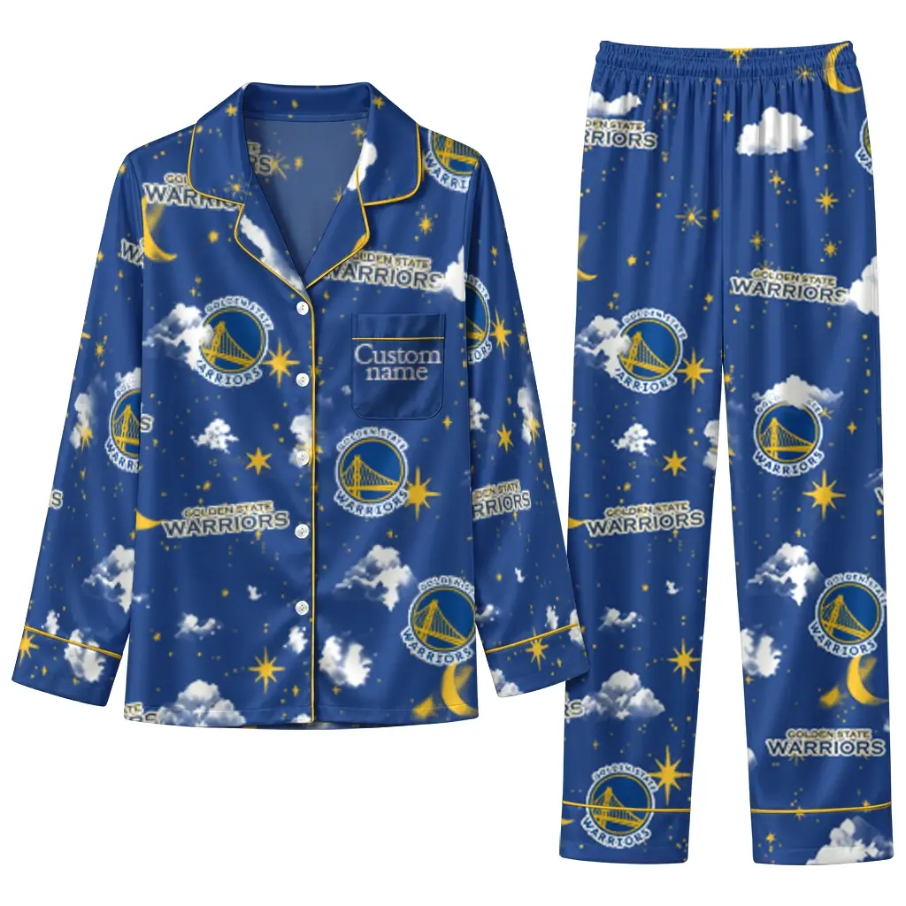 Golden State Warriors Long Pajama Set Customized Cloud Stars Blue Best Selling Golden State Warriors Long Pajama Set Customized Cloud Stars Blue Best Selling