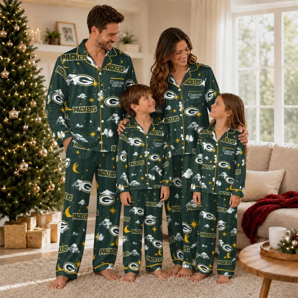 Green Bay Packers Long Pajama Set Customized Cloud Stars Green Latest Model Green Bay Packers Long Pajama Set Customized Cloud Stars Green Latest Model