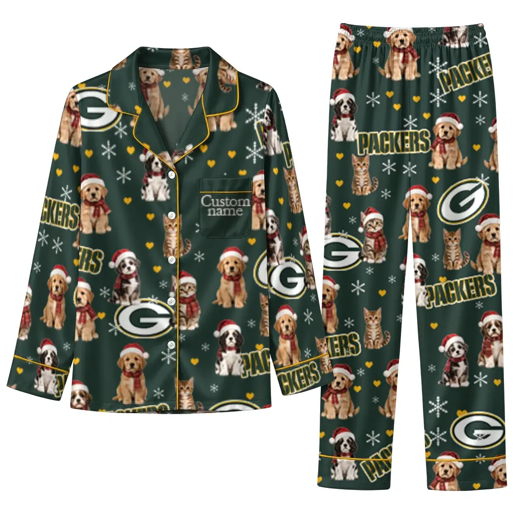 Green Bay Packers Long Pajama Set Personalized Animal Scatter Green Best Selling Green Bay Packers Long Pajama Set Personalized Animal Scatter Green Best Selling