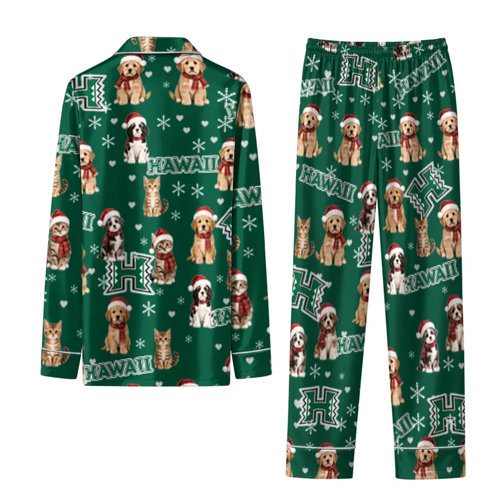 Hawaii Rainbow Warriors Long Pajama Set Customized Animal Scatter Green Fashion Forward Hawaii Rainbow Warriors Long Pajama Set Customized Animal Scatter Green Fashion Forward