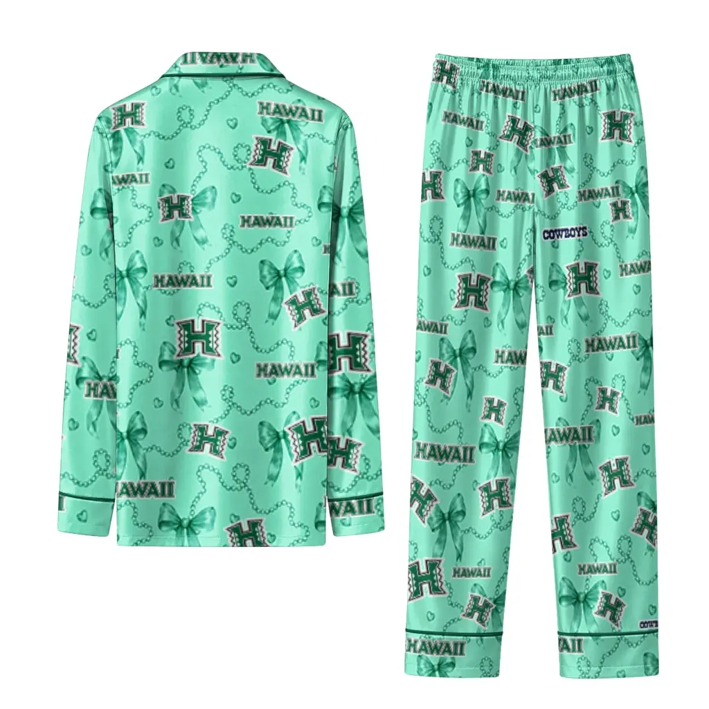 Hawaii Rainbow Warriors Long Pajama Set Customized Ribbon Chains Green Fashion Forward Hawaii Rainbow Warriors Long Pajama Set Customized Ribbon Chains Green Fashion Forward