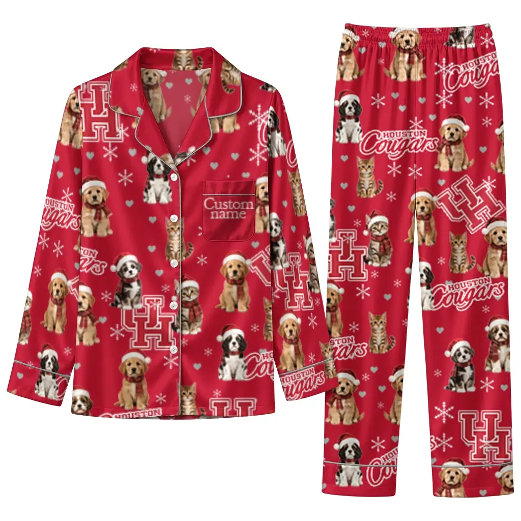 Houston Cougars Long Pajama Set Personalized Animal Scatter Red Best Selling Houston Cougars Long Pajama Set Personalized Animal Scatter Red Best Selling