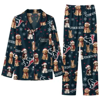 Houston Texans Long Pajama Set Custom Animal Scatter Blue Best Selling
