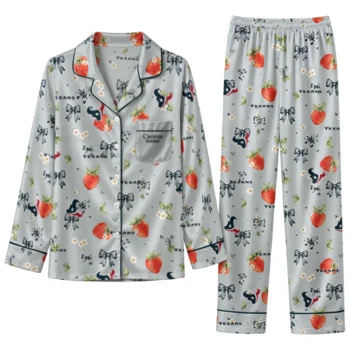 houston texans long pajama set personalized ribbon florals blue best selling.webp