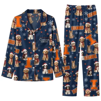 Illinois Fighting Illini Long Pajama Set Customized Animal Scatter Blue Best Selling