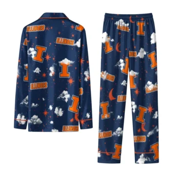 Illinois Fighting Illini Long Pajama Set Customized Cloud Stars Blue Fashion Forward