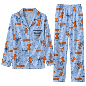 Illinois Fighting Illini Long Pajama Set Customized Ribbon Chains Blue Best Selling
