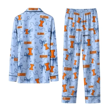 Illinois Fighting Illini Long Pajama Set Customized Ribbon Chains Blue Fashion Forward