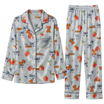 Illinois Fighting Illini Long Pajama Set Customized Ribbon Florals Blue Best Selling