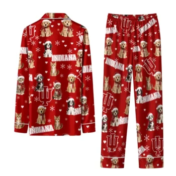 Indiana Hoosiers Long Pajama Set Custom Animal Scatter Red Fashion Forward