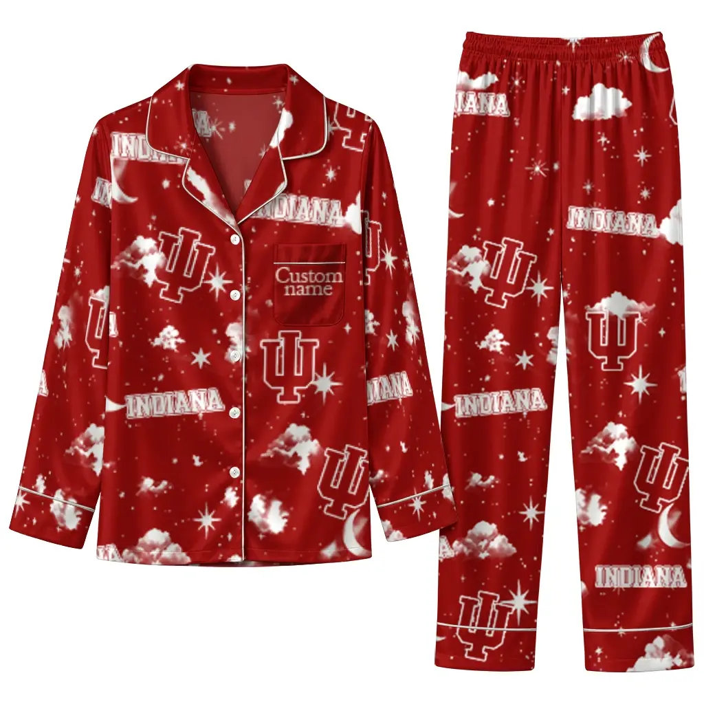 Indiana Hoosiers Long Pajama Set Custom Cloud Stars Red Best Selling Indiana Hoosiers Long Pajama Set Custom Cloud Stars Red Best Selling