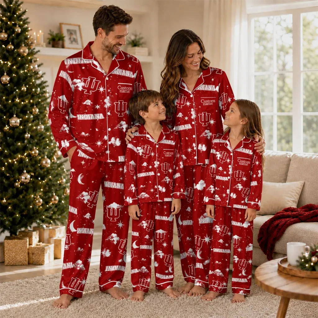 Indiana Hoosiers Long Pajama Set Custom Cloud Stars Red Latest Model Indiana Hoosiers Long Pajama Set Custom Cloud Stars Red Latest Model