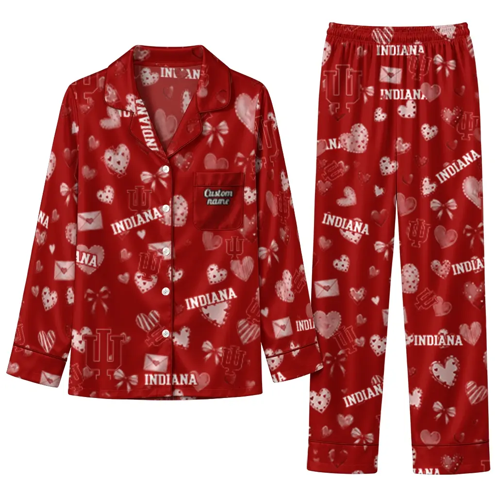 Indiana Hoosiers Long Pajama Set Custom Heart Charms Red Best Selling Indiana Hoosiers Long Pajama Set Custom Heart Charms Red Best Selling